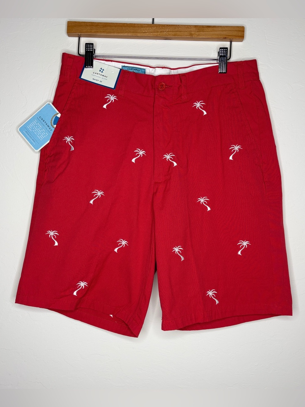 $110 New Palm Tree Embroidered Shorts Men's 32 Medium Red Tropical CASTAWAY flat
